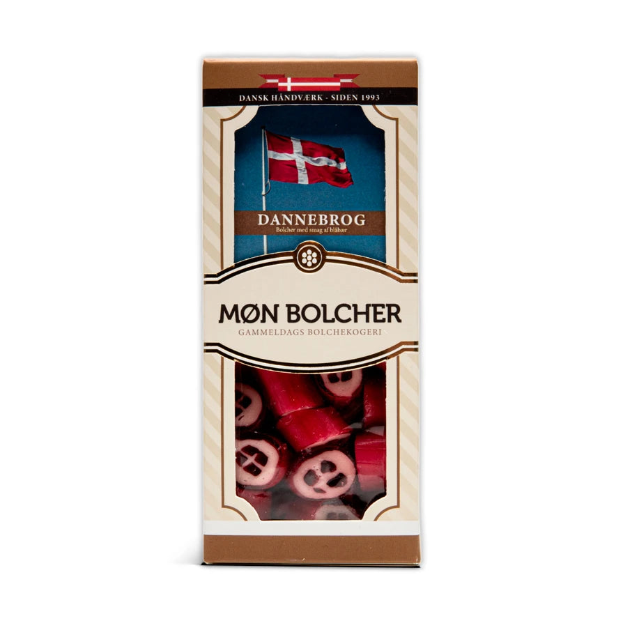 Æske med Dannebrog-bolcher fra Møn Bolcher med røde motivbolcher