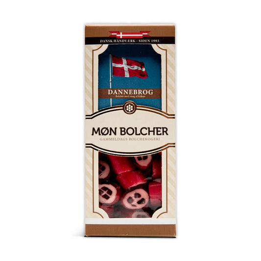 Æske med Dannebrog-bolcher fra Møn Bolcher med røde motivbolcher