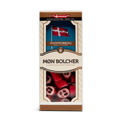 Æske med Dannebrog-bolcher fra Møn Bolcher med røde motivbolcher