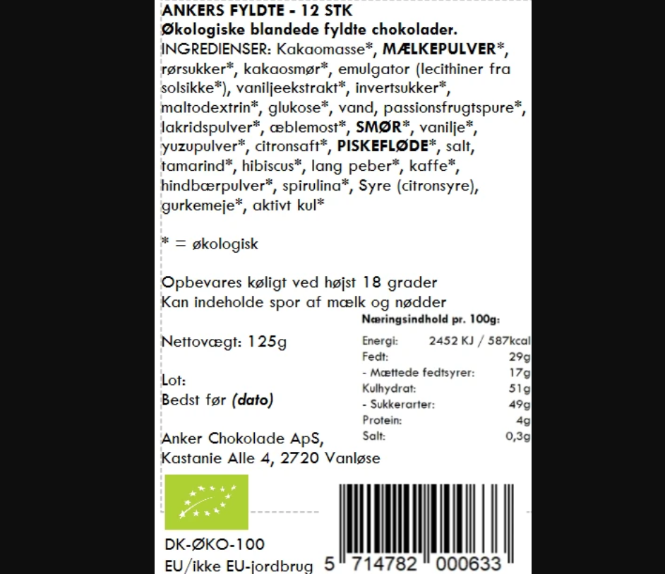 ingredienser, Ankers Fyldte, 12 stk, øko
