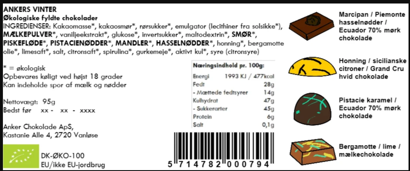 ingredienser i Vinter gaveæske, chokolade