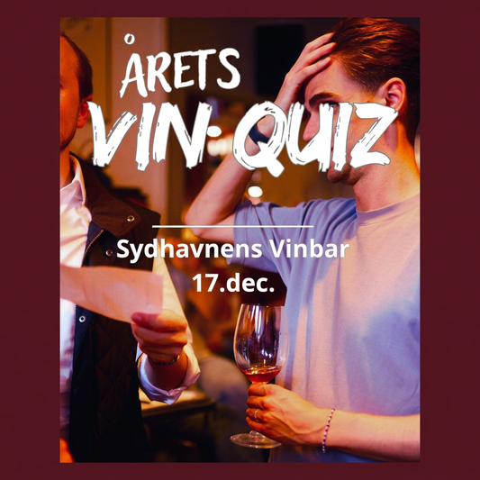 Årets VinQuiz med bordeauxrød baggrund i kvadratisk format